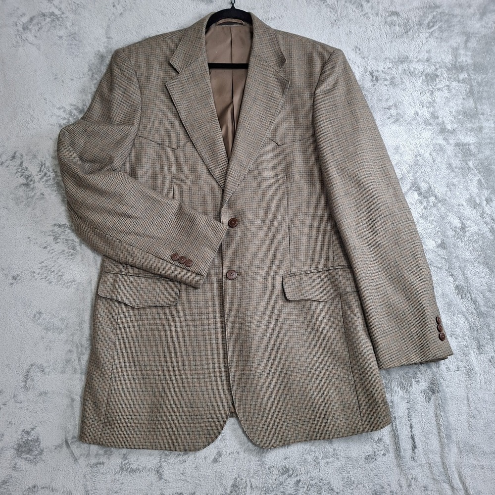 Men's Brown Tweed Plaid 100% Lambswool Western Sport Coat Blazer Jacket 44 LONG